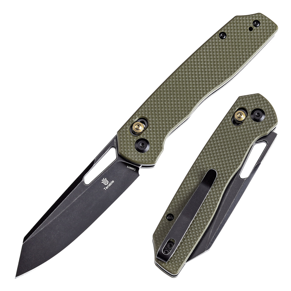 Tenable Shard Cross Bar Lock Olive Green G10 Handle (3.47'' Blue Coated 14C28N Blade) Kim Ning Design-T1006V3