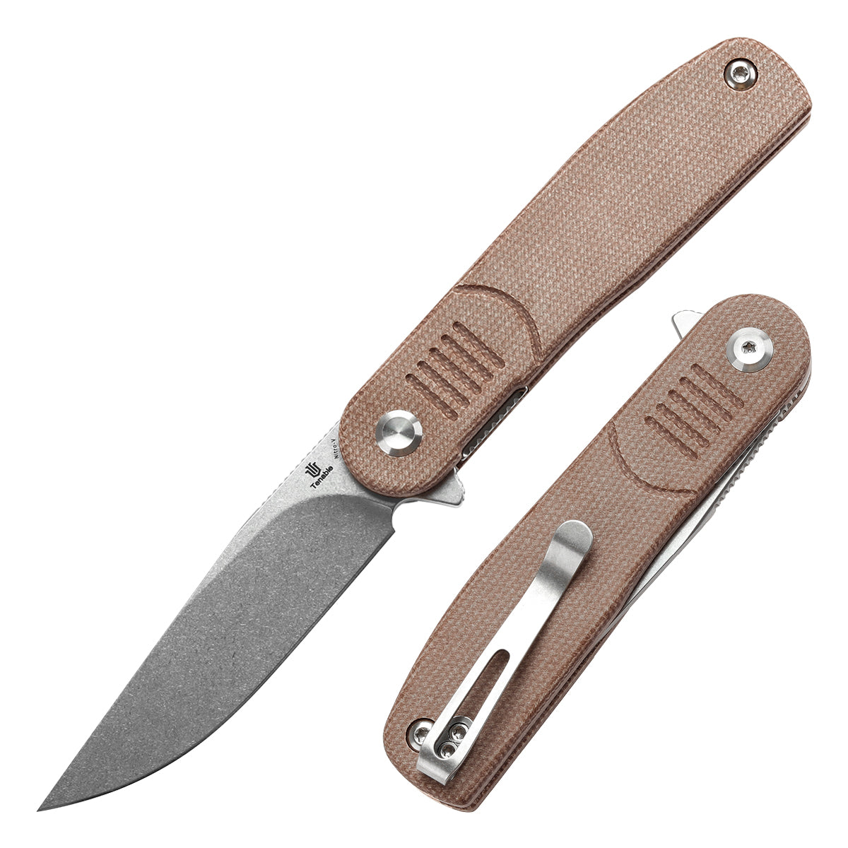 Tenable Einar Folding Knife Brown Micarta Handle (3.13'' Stonewashed Nitro-V Blade) Justin Lundquist Design-T2072A5