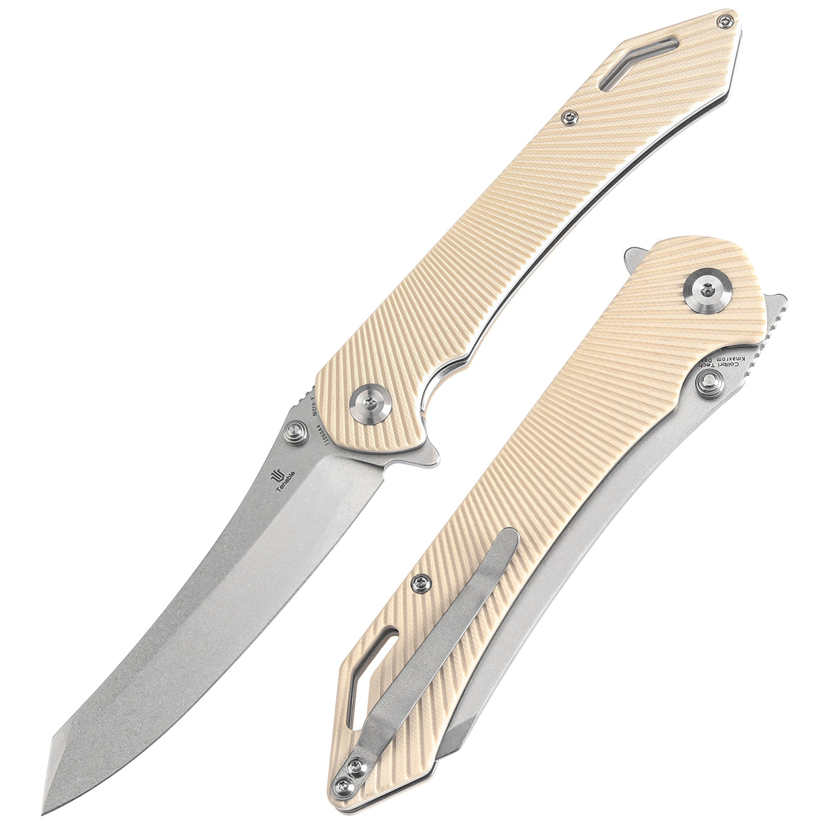 Tenable Colibri Tech Folding Knife Ivory White G10 Handle (4.34'' Stonewashed Nitro V Blade) Kmaxrom Design-T1060A4