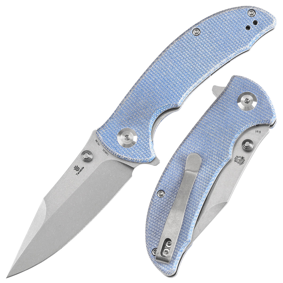 Tenable Rei Folding Knife Blue Micarta Handle (3.3" Stonewashed 14C28N Blade) Karambit Maker Design--T1061A1