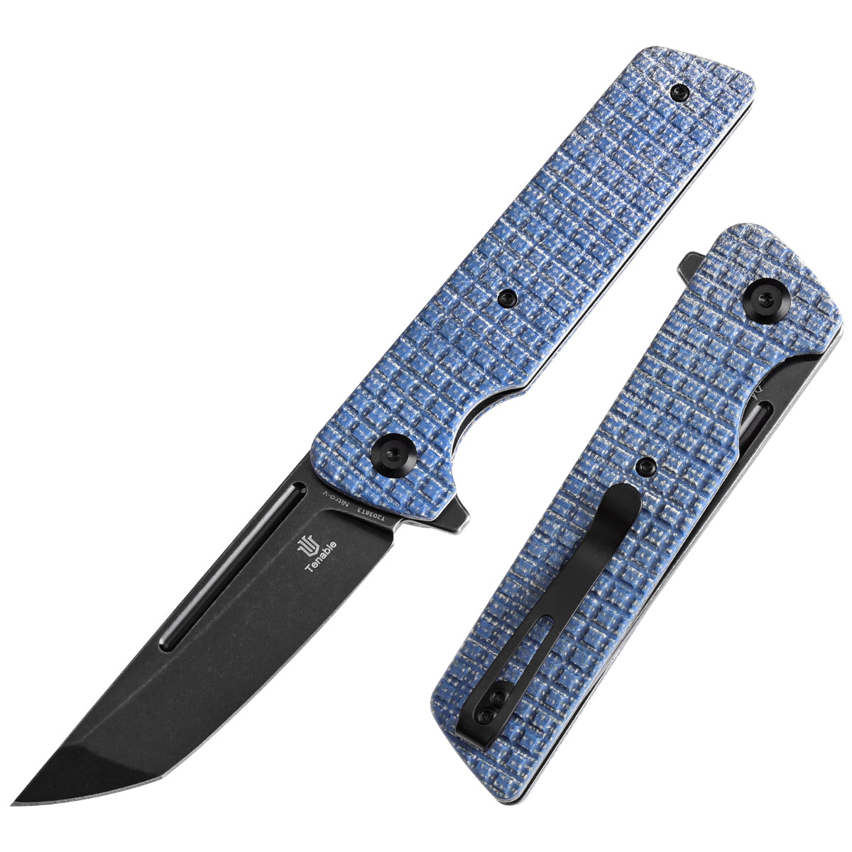 Tenable Anomaly Folding Knife Blue Micarta with Frag Pattern Handle (3.14'' Blackwash Nitro-V Tanto Blade) Pinkerton Knives Design-T2038T3