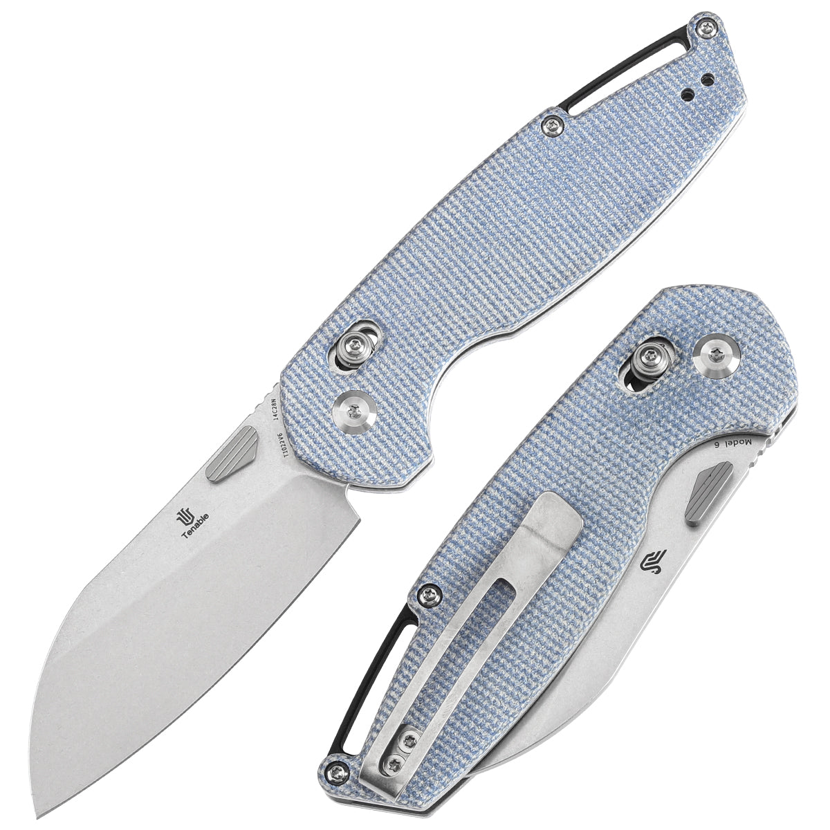 Tenable Model 6 Cross Bar Lock Blue Micarta Handle (3.1" Stonewashed 14C28N Blade) Nick Swan Design--T1022V6