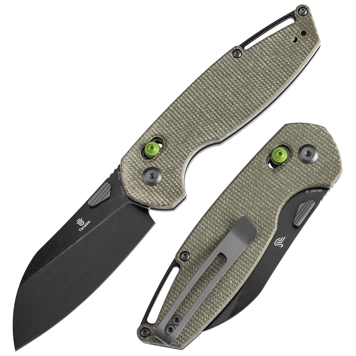 Tenable Model 6 Cross Bar Lock Green Micarta Handle (3.1" Blackwash 14C28N Blade) Nick Swan Design--T1022V2