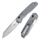 Tenable Shard Cross Bar Lock Gray Aluminum with diamond pattern Handle (3.47'' Stonewashed  14C28N Blade) Kim Ning Design-T1006V4