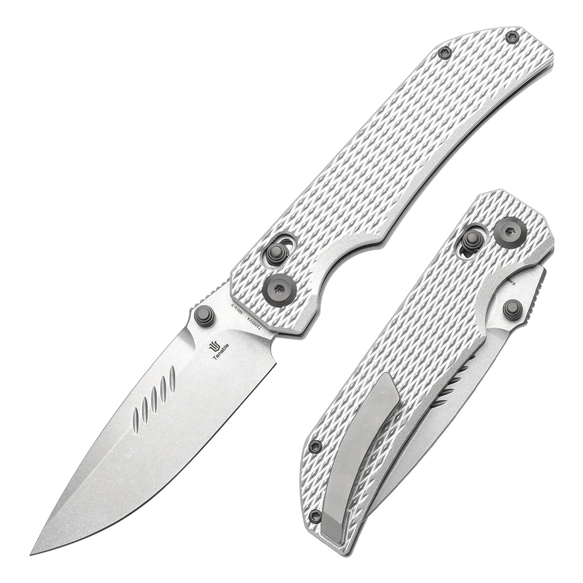 Tenable Eaglestrike Cross Bar Lock Folding Knife Silver Anodized Aluminum with Diamond Pattern Handle (3.13'' Stonewashed Nitro-V Blade) James Lowe Design-T1095V4