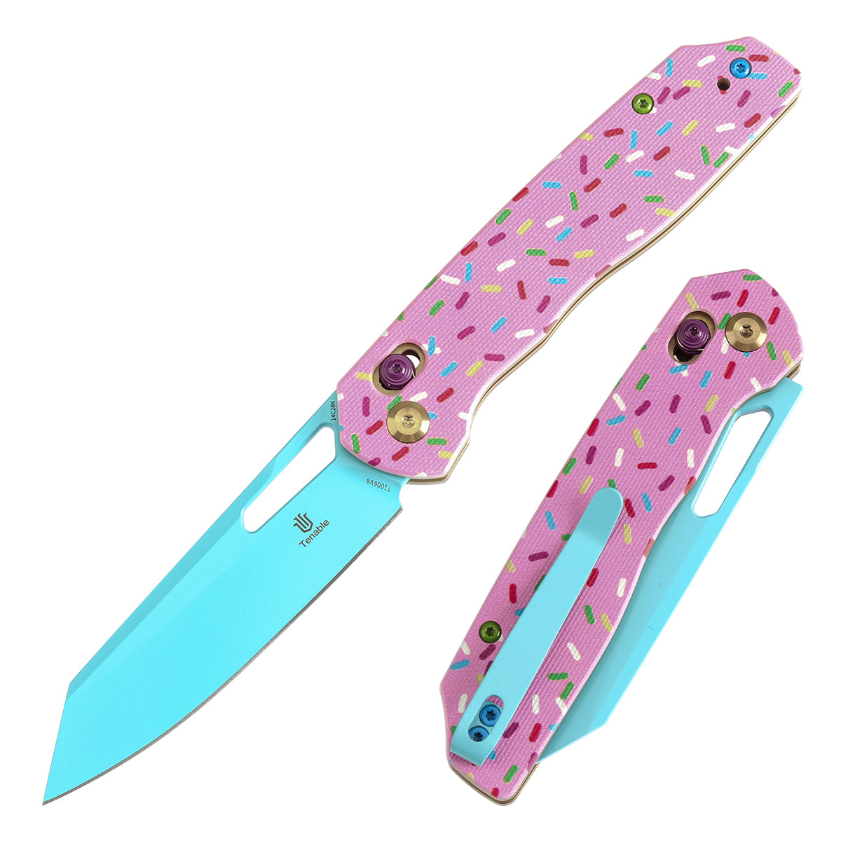 Tenable Shard Cross Bar Lock Jade G10 with Donut Print Handle (3.47'' Blue Coated 14C28N Blade) Kim Ning Design-T1006V8 (Not Available for Sale in the US)