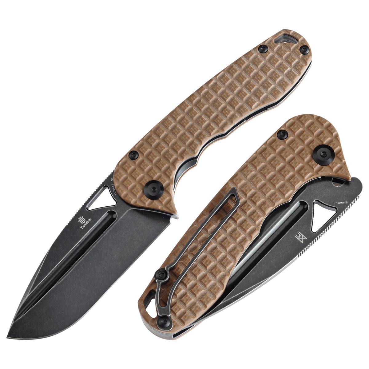 Tenable Bömbur Folding Knife Brown G10 with Frag Pattern Handle (3.53'' Blackwash D2 Blade) Midgards Messer Design--T1054A2