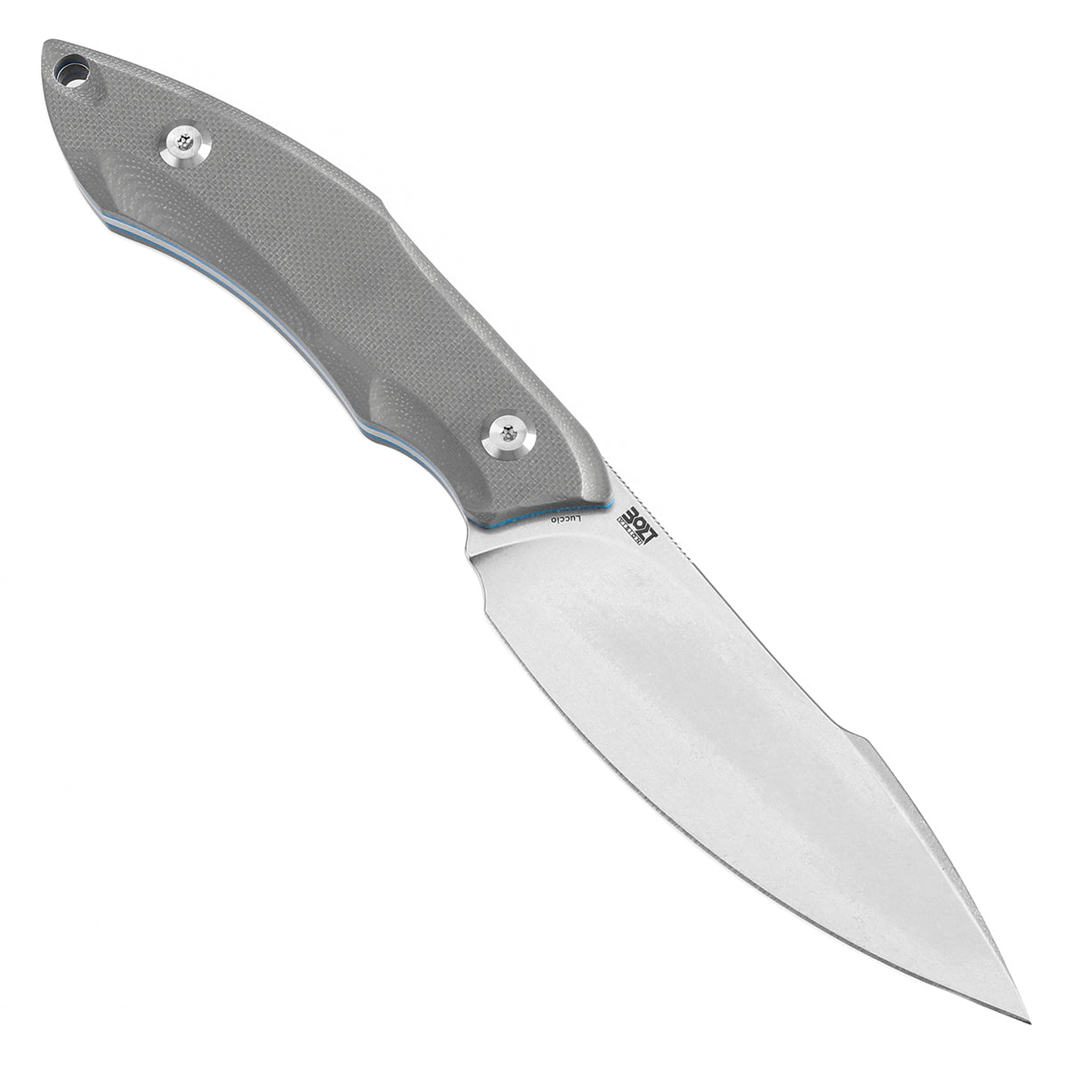 Tenable Luccio Fixed Blade Knife with Grey G10 Handle (3.81" Stonewashed 14C28N Blade) - Bolt Vision Design - G007A4