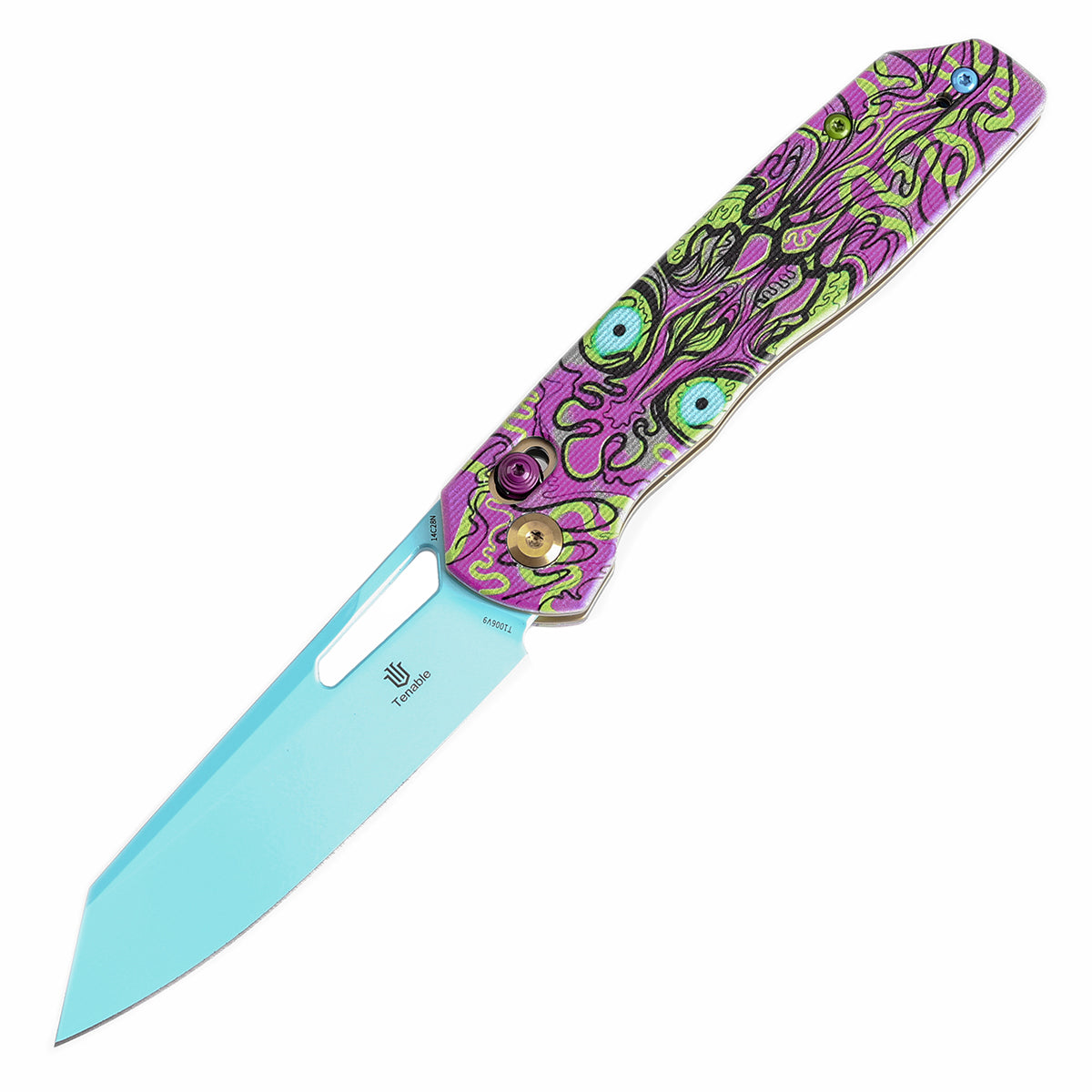 Tenable Shard Cross Bar Lock Jade G10 with Purple Undead Print Handle (3.47'' Blue Coated 14C28N Blade) Kim Ning Design-T1006V9