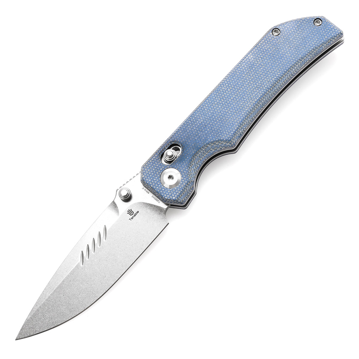 Tenable Eaglestrike Cross Bar Lock Folding Knife Blue Micarta Handle (3.13'' Stonewashed Nitro-V Blade) James Lowe Design-T1095V2