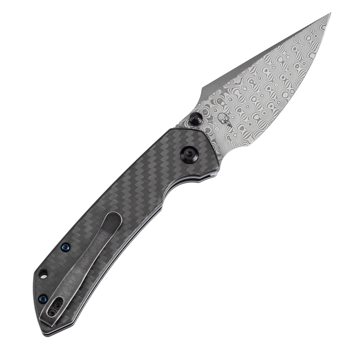 Estimated Released in December Fenrir Button Lock Knife Twill Carbon Fiber Handle (3.44''Damascus Blade) Greg Schob Design - T1034F4