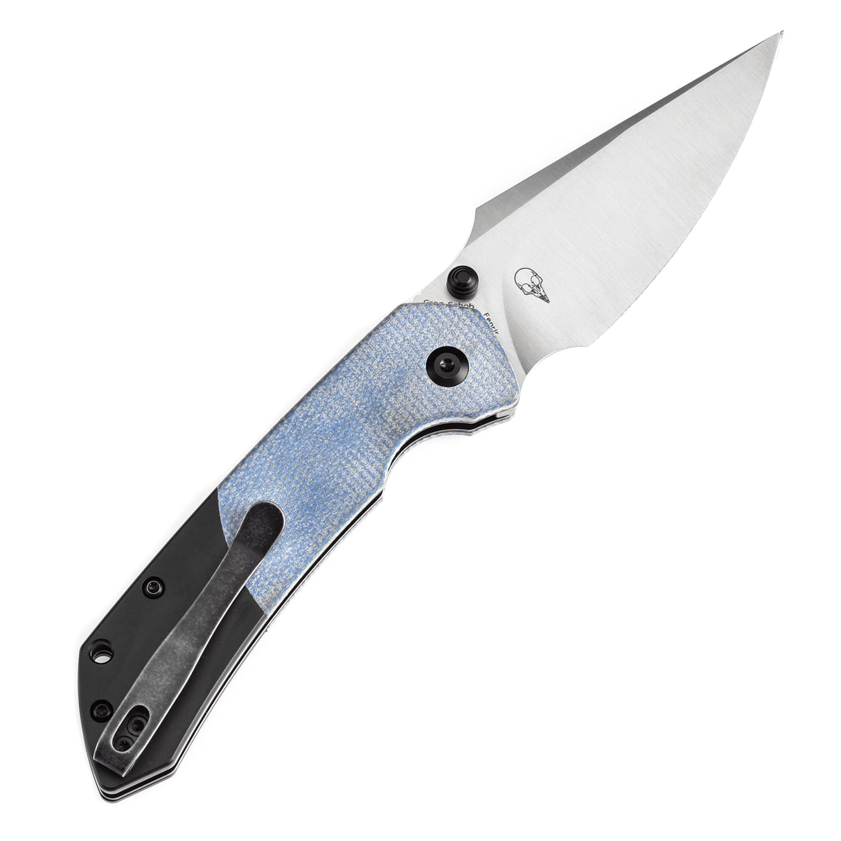 Estimated Releasedin December- Fenrir Button Lock Knife Blue Micarta+Black G10 Handle (3.44''14C28N Blade) Greg Schob Design - T1034S4