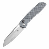 Tenable Shard Cross Bar Lock Gray Aluminum with diamond pattern Handle (3.47'' Stonewashed  14C28N Blade) Kim Ning Design-T1006V4