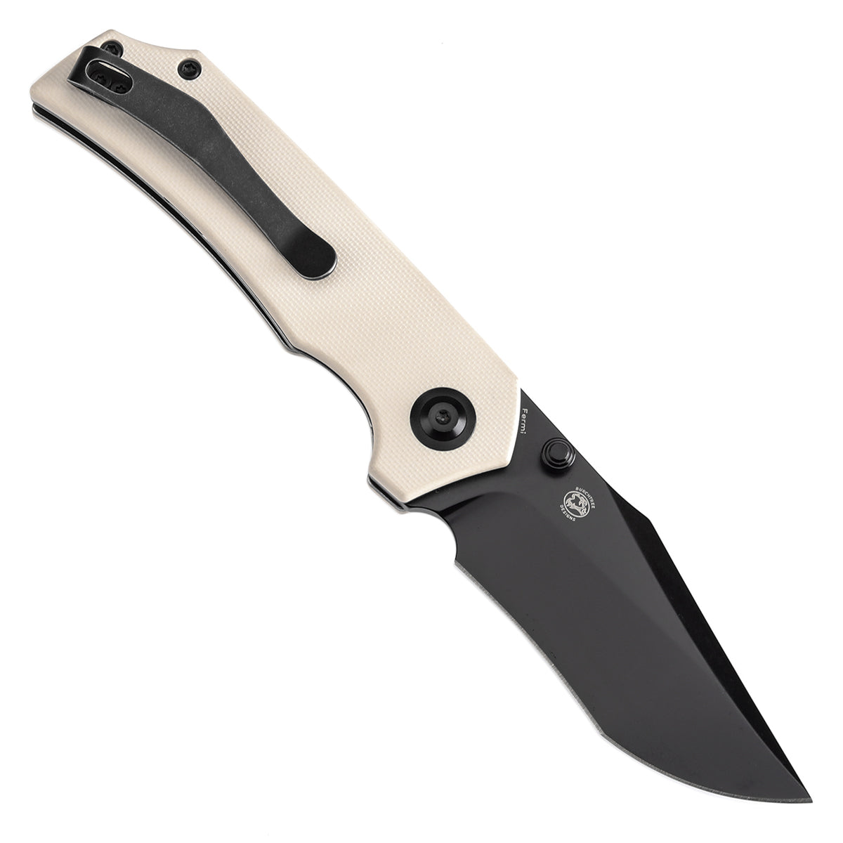 Tenable Fermi Folding Knife Ivory White G10 Handle (3.11'' Black TiCn Coated 14C28N Blade) Burchtree Designs-T1122A1