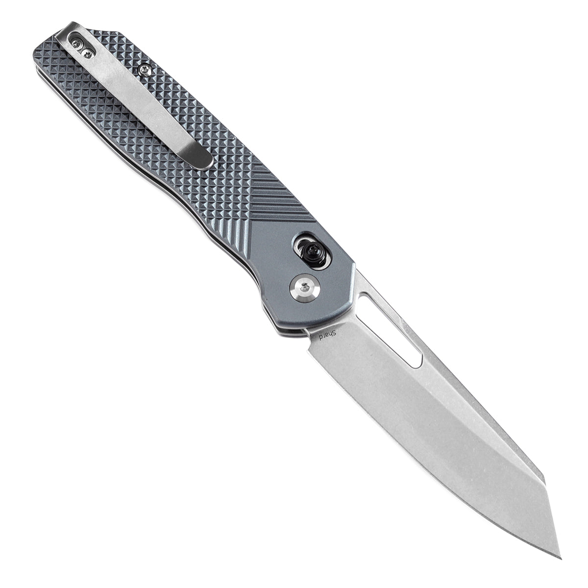 Tenable Shard Cross Bar Lock Gray Aluminum with diamond pattern Handle (3.47'' Stonewashed  14C28N Blade) Kim Ning Design-T1006V4