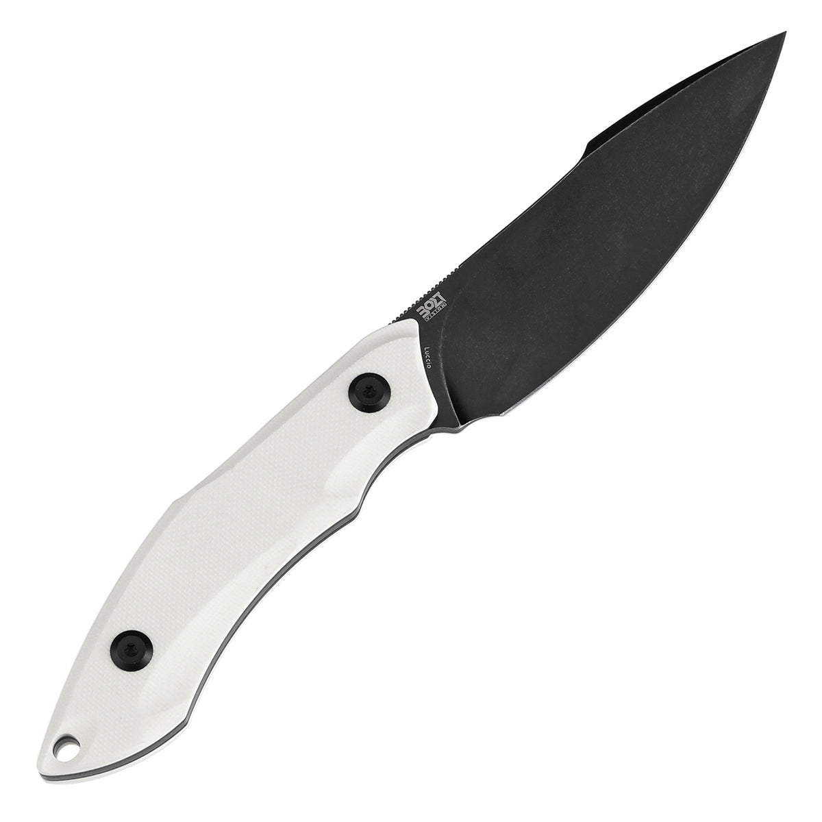 Tenable Luccio Fixed Blade Knife with White G10 Handle (3.81" Blackwash 14C28N Blade) - Bolt Vision Design - G007A3