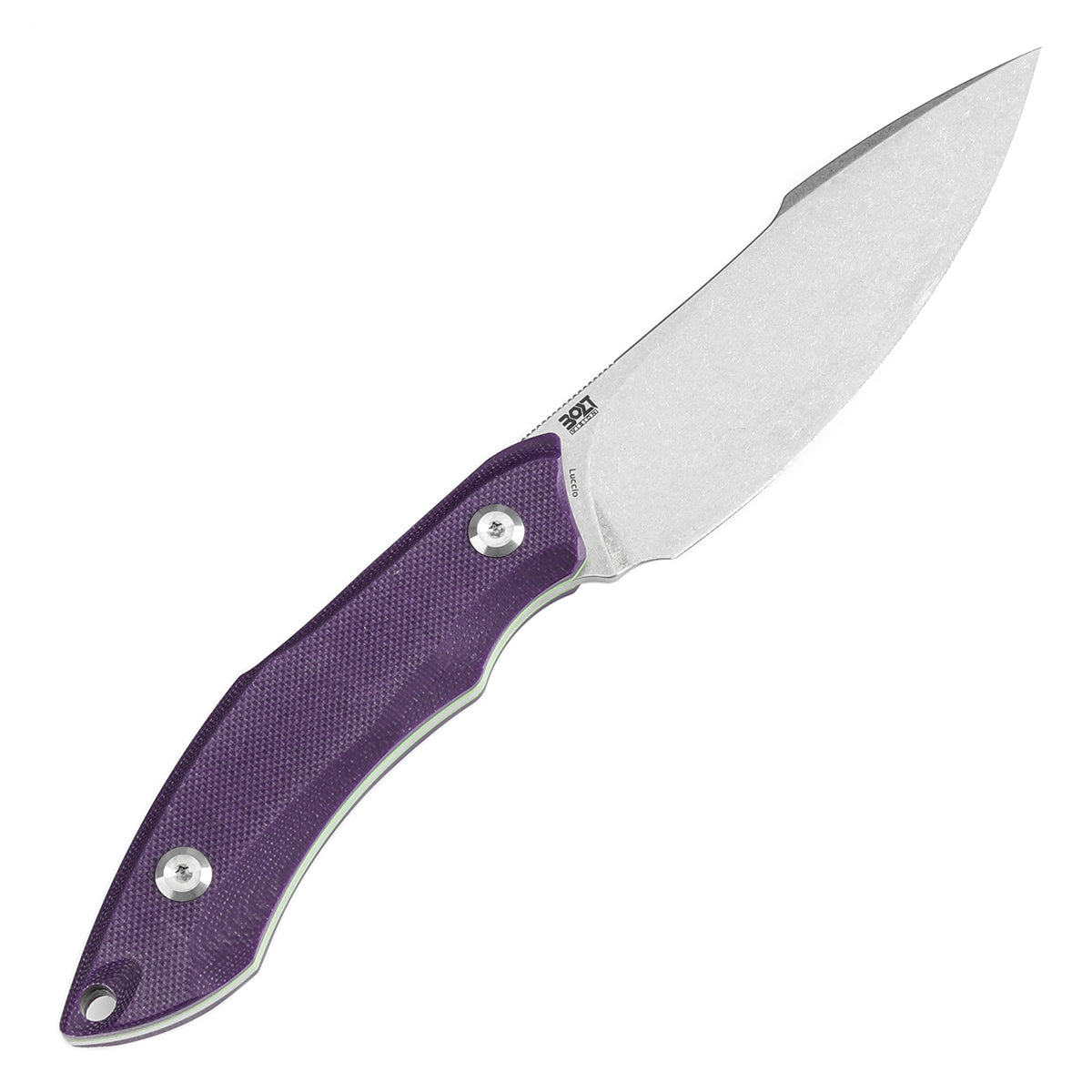 Tenable Luccio Fixed Blade Knife with Purple G10 Handle (3.81" Stonewashed 14C28N Blade) - Bolt Vision Design - G007A5