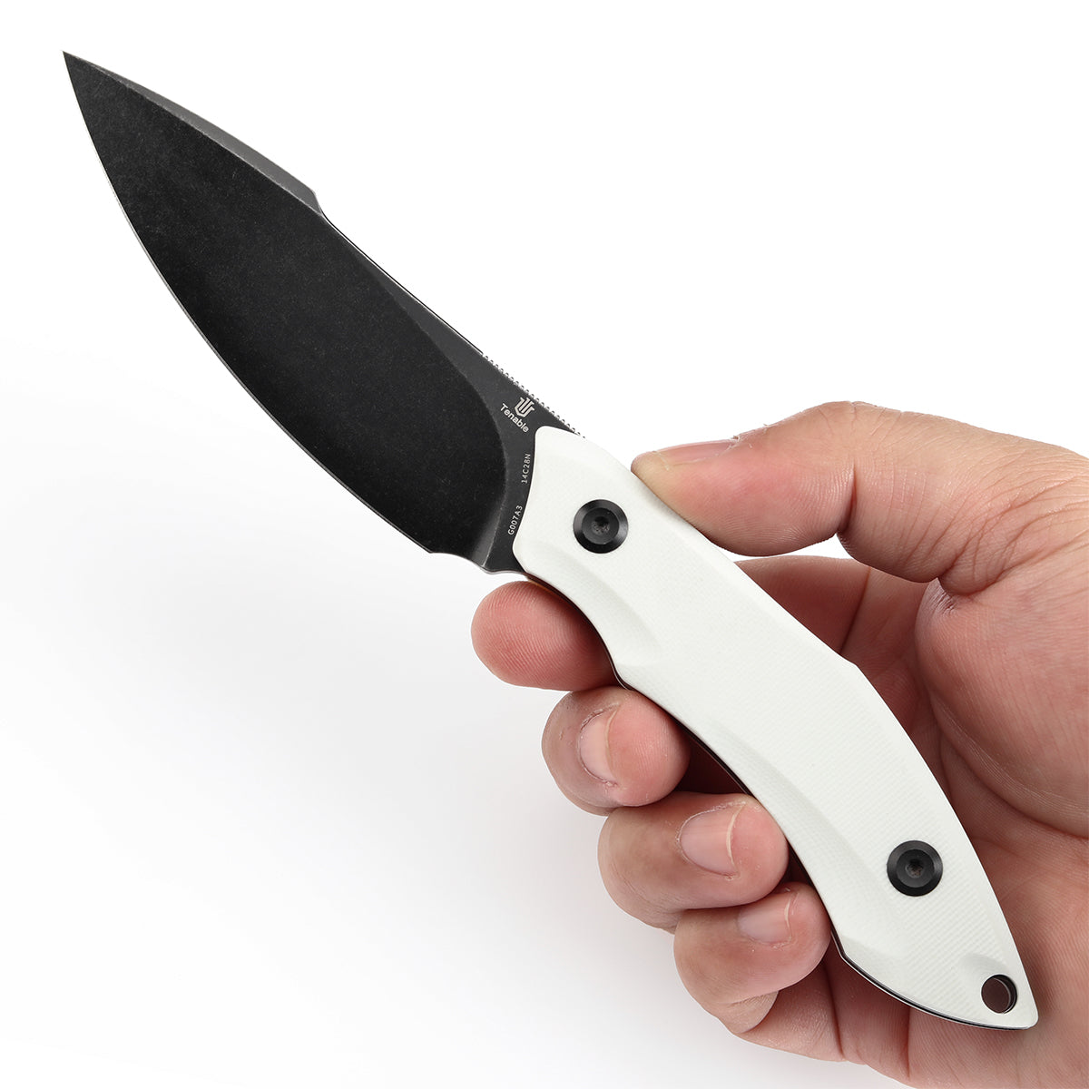 Tenable Luccio Fixed Blade Knife with White G10 Handle (3.81" Blackwash 14C28N Blade) - Bolt Vision Design - G007A3