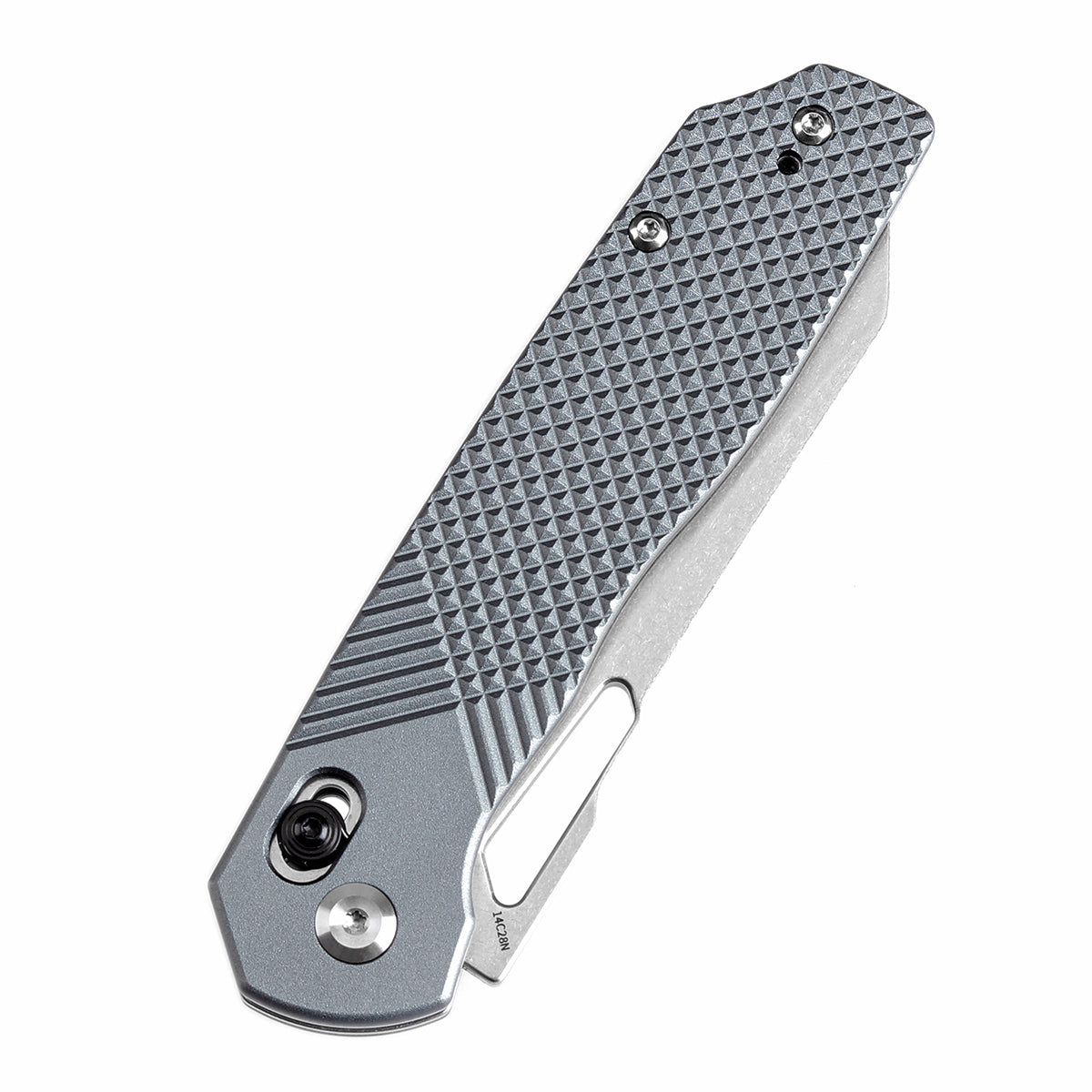 Tenable Shard Cross Bar Lock Gray Aluminum with diamond pattern Handle (3.47'' Stonewashed  14C28N Blade) Kim Ning Design-T1006V4