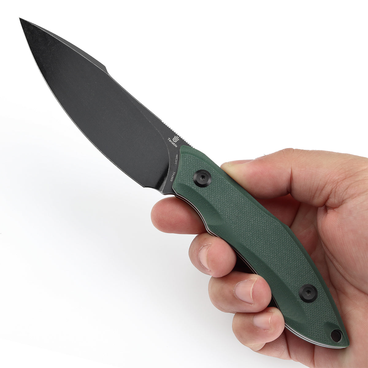 Tenable Luccio Fixed Blade Knife with Green G10 Handle (3.81" Blackwash 14C28N Blade) - Bolt Vision Design - G007A1