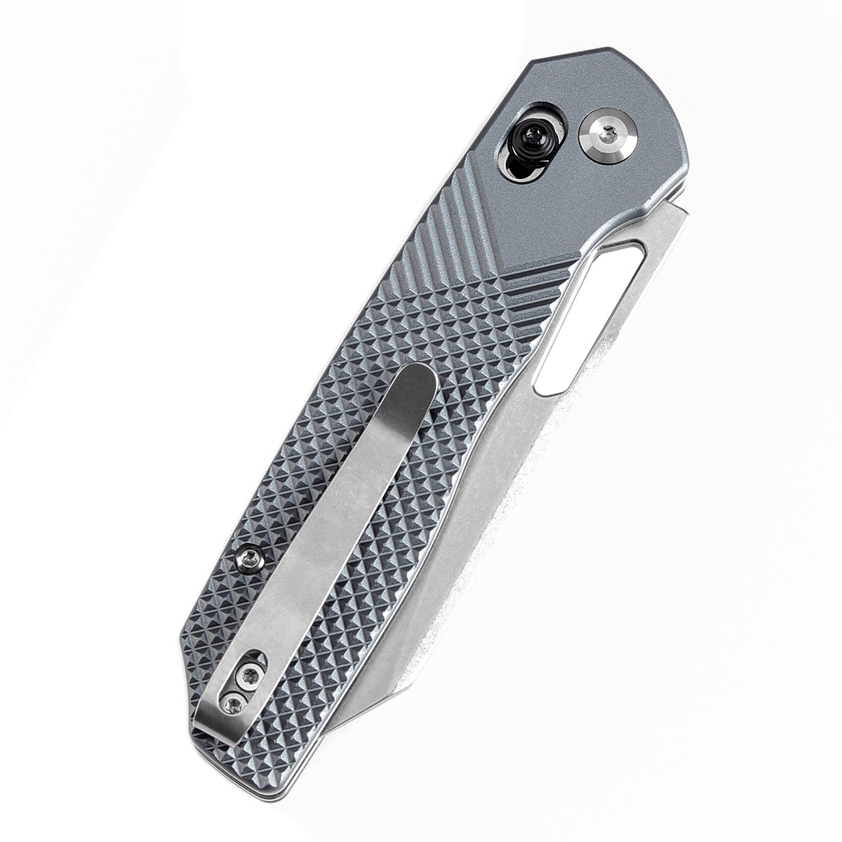 Tenable Shard Cross Bar Lock Gray Aluminum with diamond pattern Handle (3.47'' Stonewashed  14C28N Blade) Kim Ning Design-T1006V4