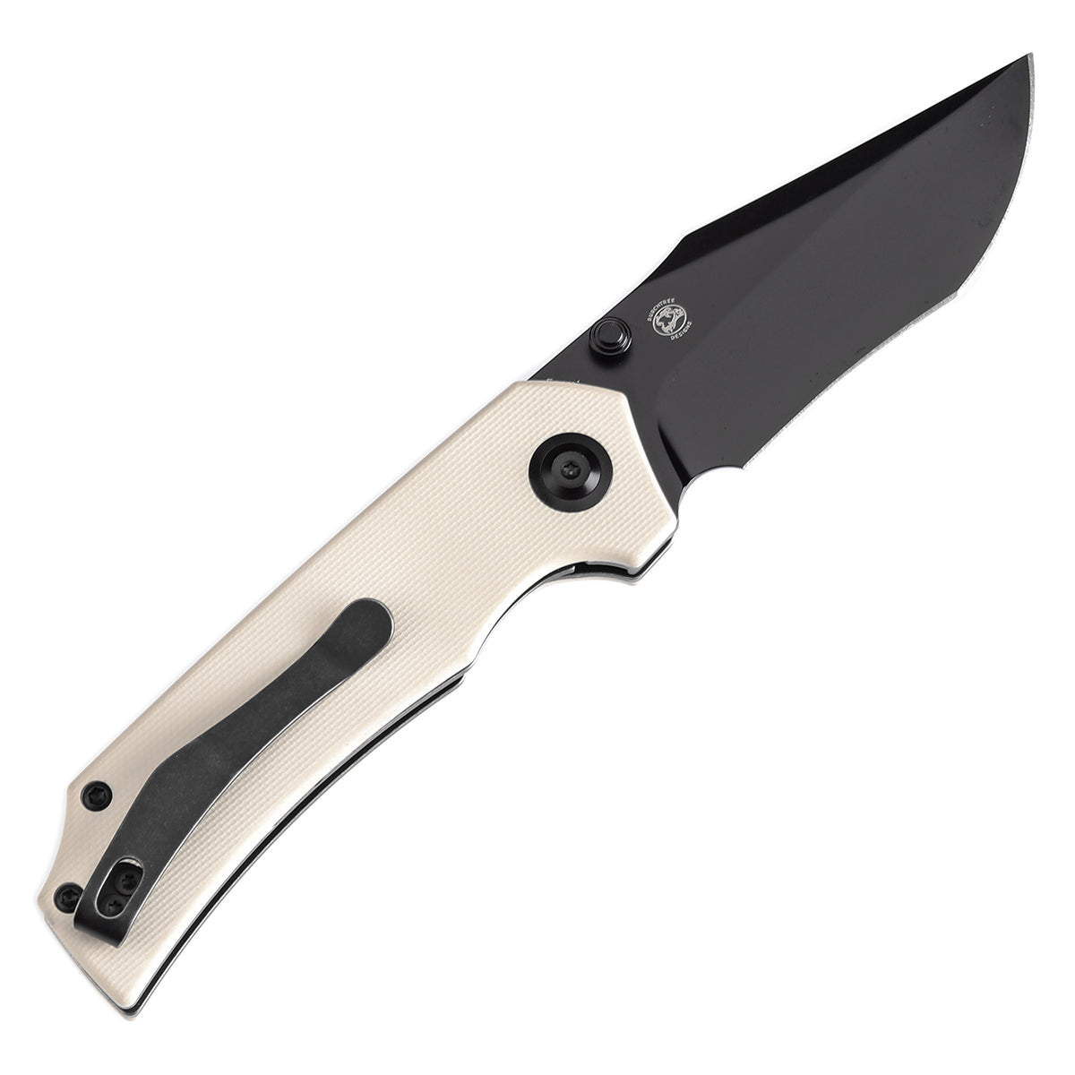 Tenable Fermi Folding Knife Ivory White G10 Handle (3.11'' Black TiCn Coated 14C28N Blade) Burchtree Designs-T1122A1