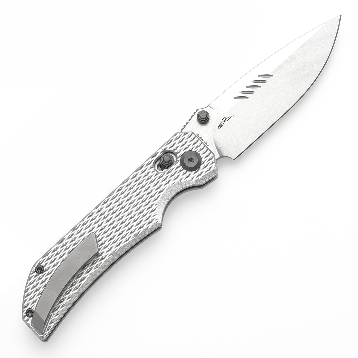 Tenable Eaglestrike Cross Bar Lock Folding Knife Silver Anodized Aluminum with Diamond Pattern Handle (3.13'' Stonewashed Nitro-V Blade) James Lowe Design-T1095V4