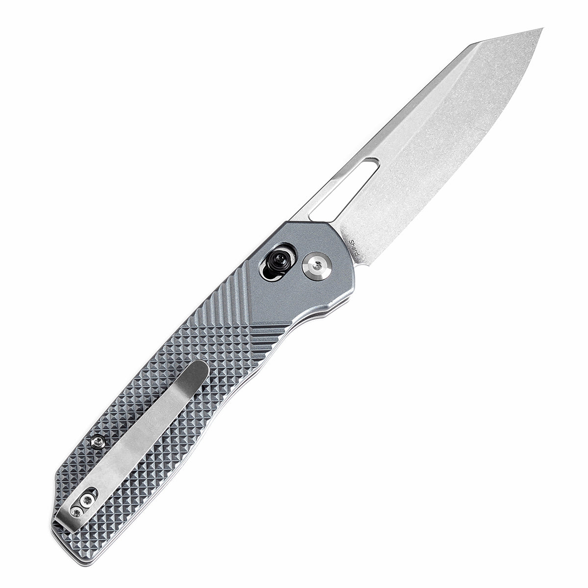 Tenable Shard Cross Bar Lock Gray Aluminum with diamond pattern Handle (3.47'' Stonewashed  14C28N Blade) Kim Ning Design-T1006V4