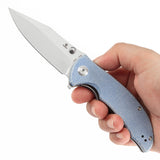 Tenable Rei Folding Knife Blue Micarta Handle (3.3" Stonewashed 14C28N Blade) Karambit Maker Design--T1061A1