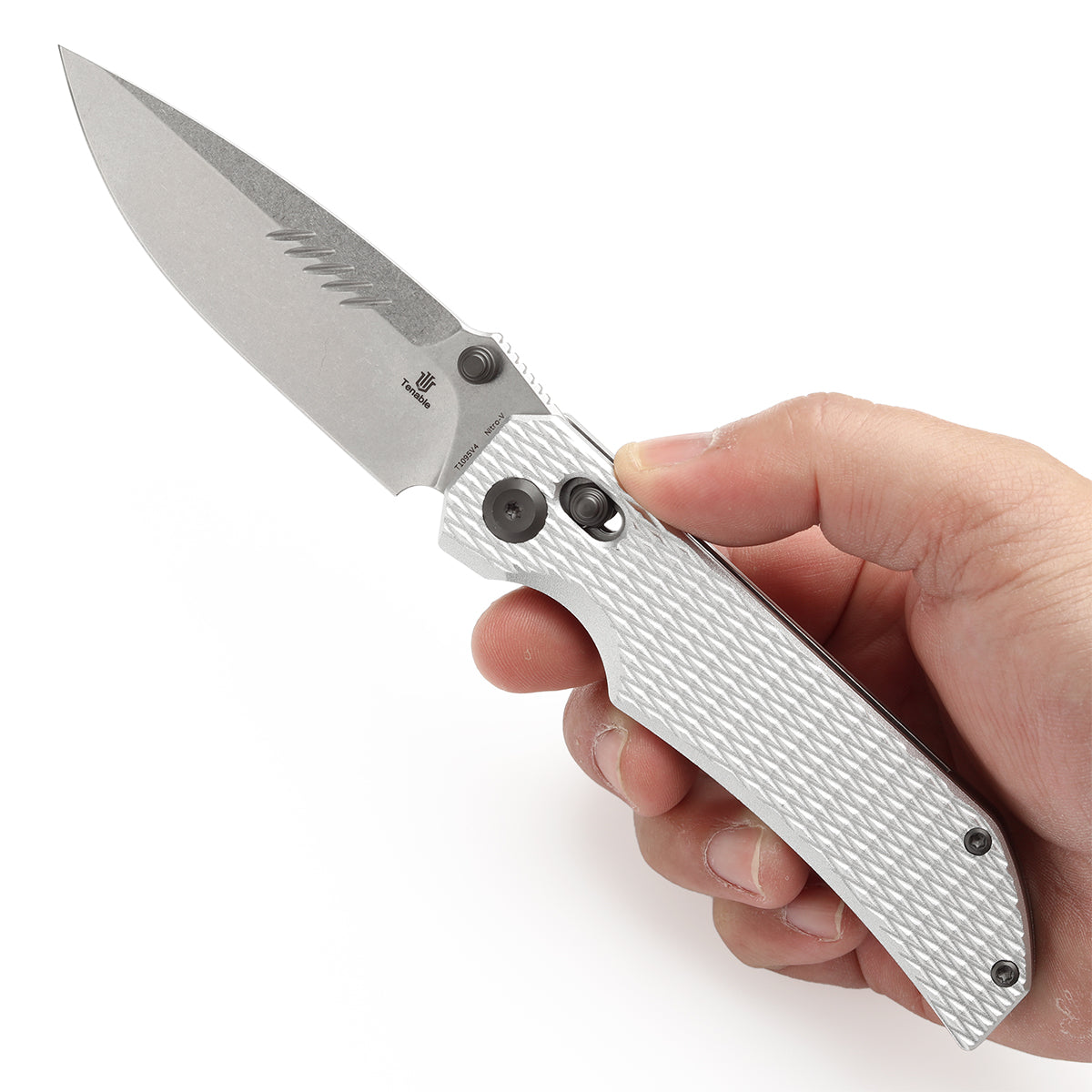 Tenable Eaglestrike Cross Bar Lock Folding Knife Silver Anodized Aluminum with Diamond Pattern Handle (3.13'' Stonewashed Nitro-V Blade) James Lowe Design-T1095V4