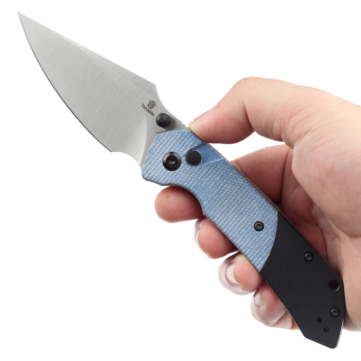 Estimated Releasedin December- Fenrir Button Lock Knife Blue Micarta+Black G10 Handle (3.44''14C28N Blade) Greg Schob Design - T1034S4