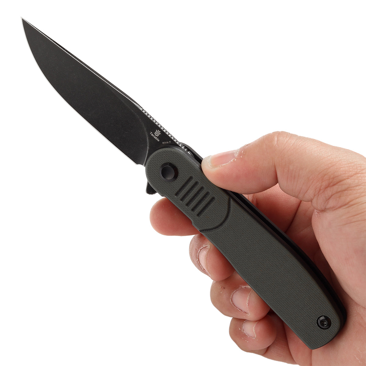 Tenable Einar Folding Knife Olive Green & Black G10 Handle (3.13'' Blackwash Nitro-V Blade) Justin Lundquist Design-T2072A1