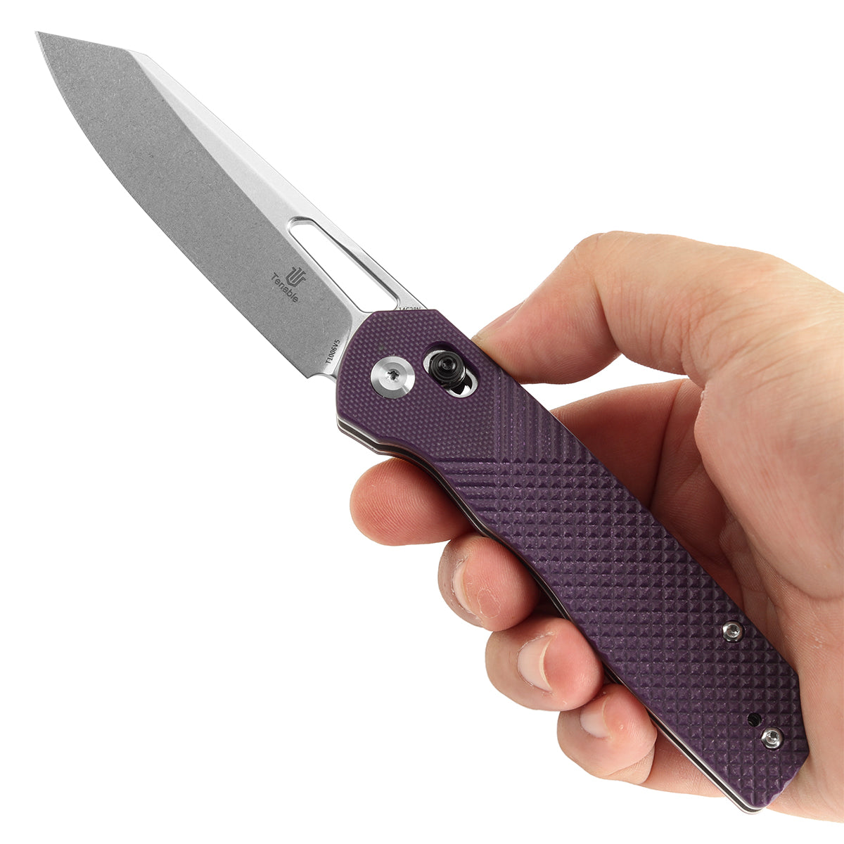 Tenable Shard Cross Bar Lock Purple G10 with Diamond Pattern Handle (3.47'' Stonewashed 14C28N Blade) Kim Ning Design-T1006V5