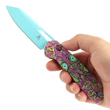 Tenable Shard Cross Bar Lock Jade G10 with Purple Undead Print Handle (3.47'' Blue Coated 14C28N Blade) Kim Ning Design-T1006V9