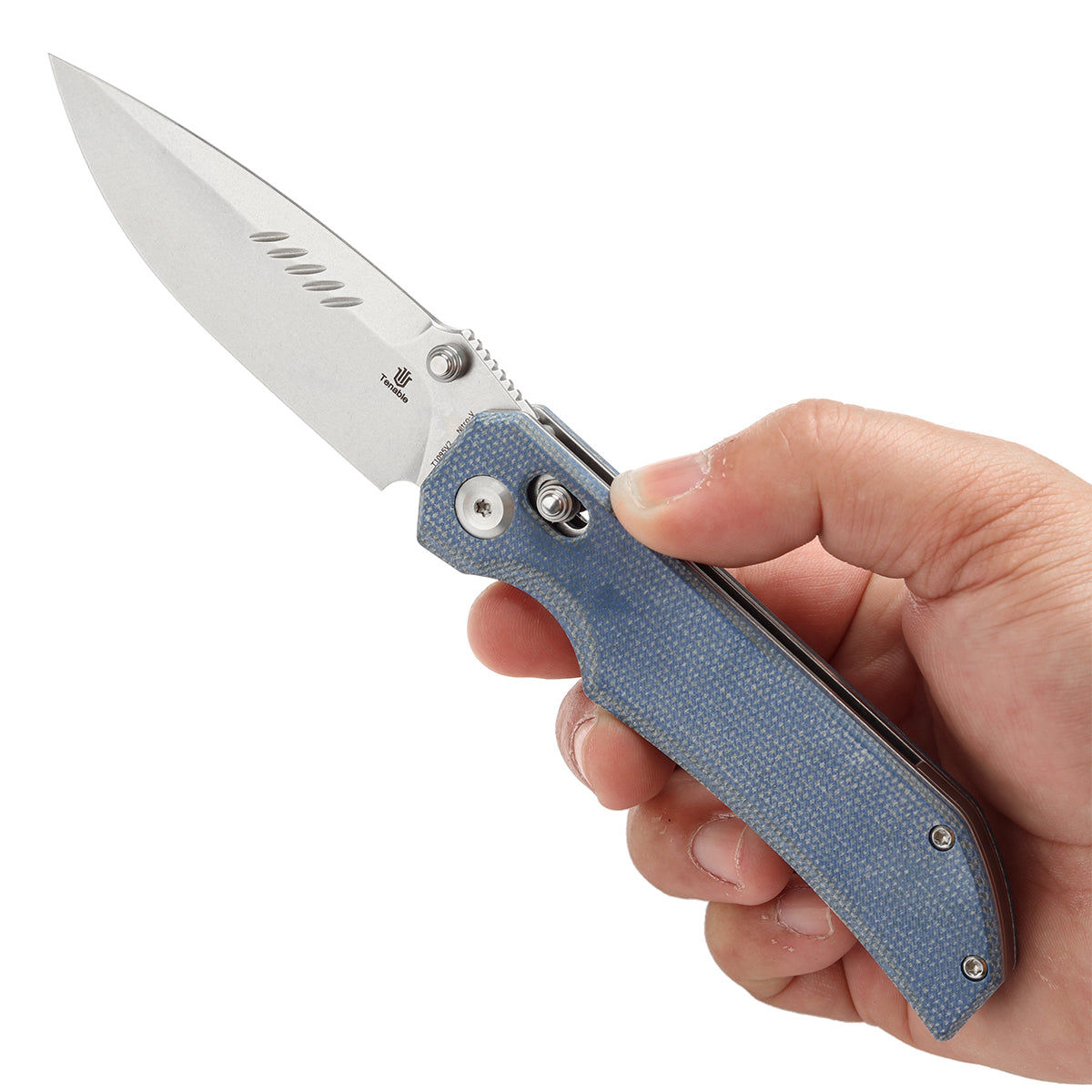 Tenable Eaglestrike Cross Bar Lock Folding Knife Blue Micarta Handle (3.13'' Stonewashed Nitro-V Blade) James Lowe Design-T1095V2