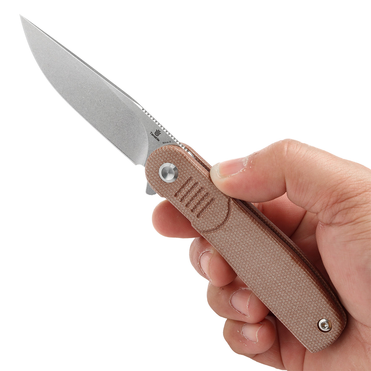 Tenable Einar Folding Knife Brown Micarta Handle (3.13'' Stonewashed Nitro-V Blade) Justin Lundquist Design-T2072A5