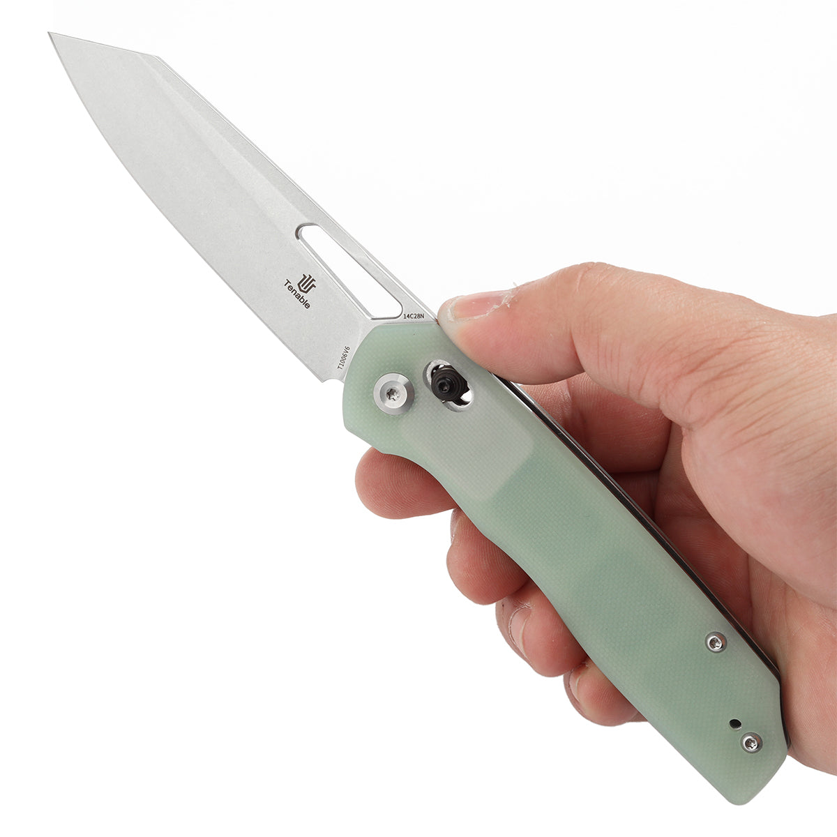 Tenable Shard Cross Bar Lock 	Jade G10n Handle (3.47'' Stonewashed 14C28N Blade) Kim Ning Design-T1006V6