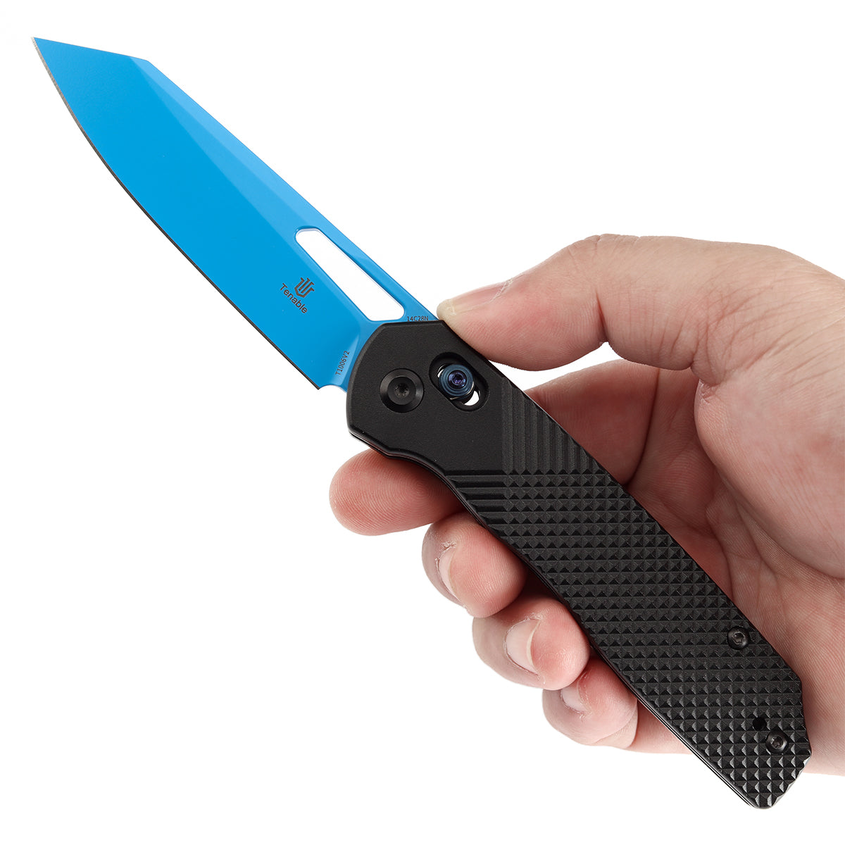 Tenable Shard Cross Bar Lock Black Aluminum with diamond pattern Handle (3.47'' Blue Coated 14C28N Blade) Kim Ning Design-T1006V2