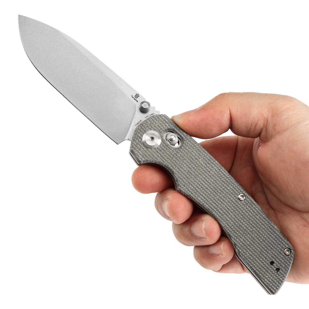 Tenable Kryo Cross Bar Lock Green Micarta Handle (3.58‘’ Stonewashed 14C28N Blade) Kim Ning Design-T1001V6