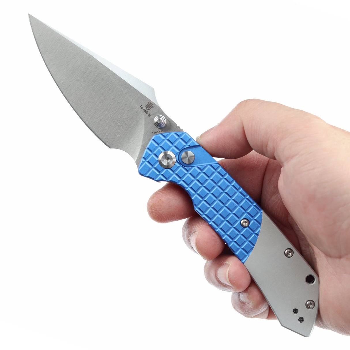 Estimated Released in December- Fenrir Button Lock Knife Blue Anodized Aluminium+Plain Aluminium Handle (3.44''14C28N Blade) Greg Schob Design - T1034S1